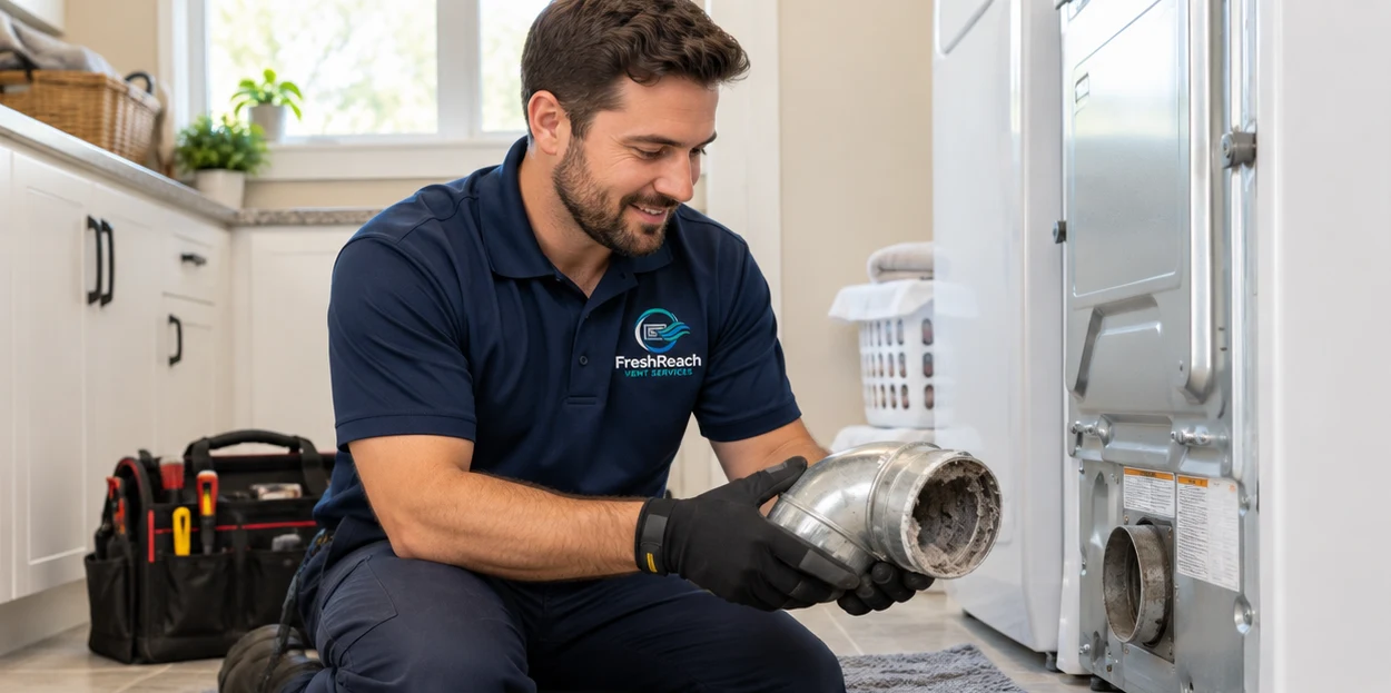 Generated illustration of a FreshReach uniformed technician: Dryer vent cleaning in Mill Valley, CA