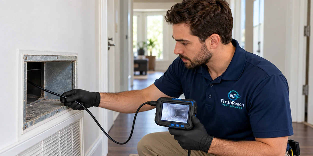 Generated illustration of a FreshReach uniformed technician: Duct system inspection in Mill Valley, CA